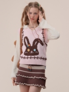 ziziFei秋冬季设计感美式复古马夹兔子粉色V领背心毛衣针织马甲女
