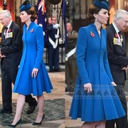 高端定制凯特王妃同款长袖修身蓝色羊毛立领大衣外套裙秋冬长端庄