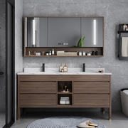 现代简约新中式浴室柜组合实木岩板双盆洗脸盆柜落地卫生间洗漱台