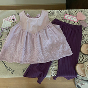 韩版童装2024女童无袖拼接蕾丝娃娃衫上衣紫色裤子两件套