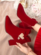 新娘鞋红色婚鞋短靴，2023不累脚，靴子粗跟高跟鞋冬季秀禾