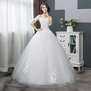 婚纱2023夏韩版一字肩新娘结婚齐地白色蕾丝大码修身显瘦