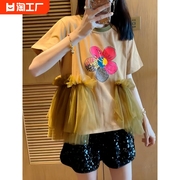 博拉拉韩系夏季圆领套头小花印花网纱拼接设计圆领T恤上衣女