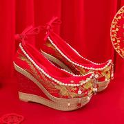 超高跟秀禾婚鞋女春秋内增高汉服鞋红色坡跟新娘鞋古风中式绣花鞋