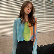 韩国女装网纱长袖t恤2022春夏修身薄款内搭绿色打底衫防晒衣