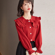 2023春装红色本命年娃娃，领上衣长袖雪纺，衬衫女士时髦洋气小衫