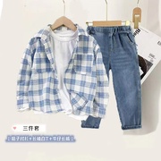 男童春秋季三件套蓝色格子，长袖衬衫中大童牛仔裤，长裤韩版休闲套装