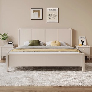 白色实木床现代简约主卧双人床，奶油风少女，轻奢婚床高箱储物美式床