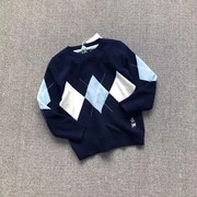 春秋男童装蓝色菱格针织衫，纯棉线毛线衣(毛线衣，)110-150码双层针织衫厚度