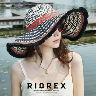 riorex遮阳帽女夏季沙滩帽，草帽大檐帽便携出游海边波西米亚风防晒