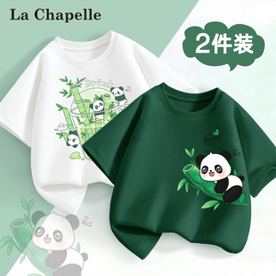 拉夏贝尔女童短袖，t恤纯棉2024洋气熊猫，女孩绿色上衣儿童夏装