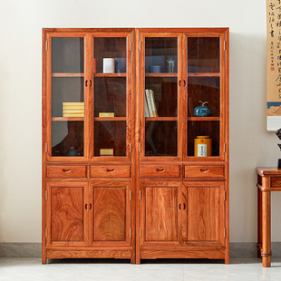 花梨木书柜实木家用玻璃门中式置物柜书架红木家具，刺猬紫檀书橱柜