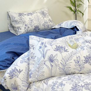 霜叶蓝丨小清新200x230被套，床单单件纯棉100全棉田园床笠床上用品