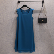 大码连衣裙时尚胖mm宽松显瘦蓝色雪纺无袖t恤高级感吊带中长a字裙