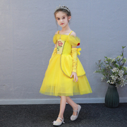 童装夏季女童贝儿公主裙，女童黄色网纱花朵，短袖连衣裙子