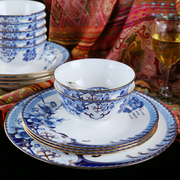 景德镇陶瓷餐具套装中式青花家用结婚送礼高档骨瓷吃饭碗盘碟金边