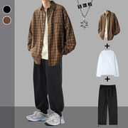 vintage复古格子长袖衬衫，男女春秋季日系感宽松格纹一套搭配