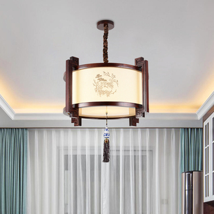 现代新中式实木吊灯客厅圆形中国风古典灯具简约布艺茶室餐厅吊灯