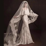 高级定制意大利教堂奢华蕾丝高贵女王长袖一字肩拖尾婚纱礼服朵拉