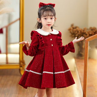 女童连衣裙冬装2023加绒女孩红色，秋冬裙子儿童，公主裙童装冬季