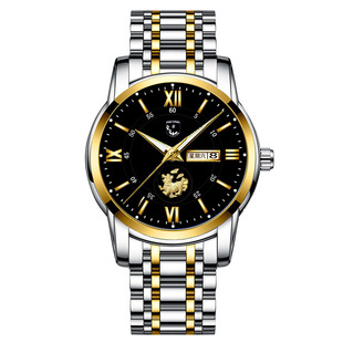 钢带双日历夜光防水男士手表，全自动非机械表，时尚薄电子石英腕表