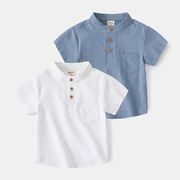 儿童短袖衬衫2022夏装男童立领，纯色衬衣韩版宝宝休闲夏季上衣薄款