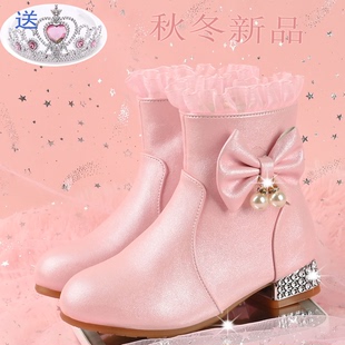 女童冬季公主靴韩版加绒雪地短靴小女孩马丁靴软底高跟单棉鞋