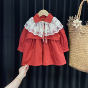 女童风衣外套时髦洋气小女孩韩版中长款红色上衣宝宝时尚韩范秋装