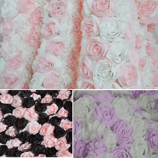 粉色乳白采色雪纺绣花服装裙子，面料立体玫瑰花布料3d背景展台布