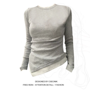 大码胖mm灰色长袖T恤女秋季设计感拼接修身内搭不规则假两件上衣