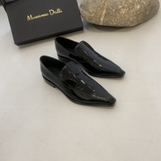 Massimo Dutti 女鞋真皮尖头单鞋平底一脚蹬亮皮乐福鞋黑色工作鞋