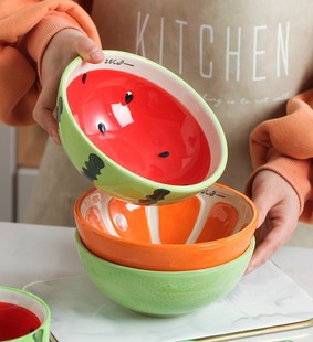 网红西瓜碗陶瓷女高颜值可爱水果碗盘，夏季创意儿童饭碗勺杯子套装