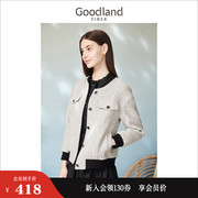 goodland美地女装春季黑白粗花呢，香风含羊毛棒球外套