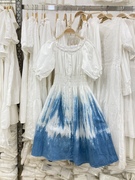 民族风气质连衣裙蓝白植物染短袖中裙收腰显瘦连衣裙云南度假穿搭