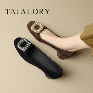 tatalory女鞋法式水钻，浅口高跟鞋女春秋复古磨砂粗跟单鞋女瓢鞋