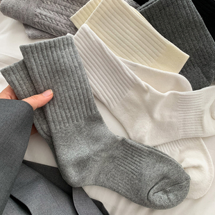 毛圈袜子女春秋季中筒袜纯棉加厚保暖灰色，白色毛巾睡眠春天长筒袜