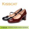 KISSCAT接吻猫2024春款粗跟圆头亮漆牛皮一字带玛丽珍鞋女鞋单鞋