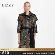 LIZZY2022秋季女装豹纹中袖收腰系带中长款风衣外套