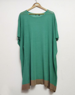 玛丝家80%亚麻绿色拼卡其色针织，短袖连衣裙宽松版加肥加大码夏季