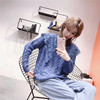 欧洲站韩版女装上新镂空拼接蕾丝娃娃领蓝色毛衫917
