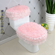 博文布艺品牌坐便马桶套马桶，垫罩暖垫ou方形，方型三件套粉色玫瑰花