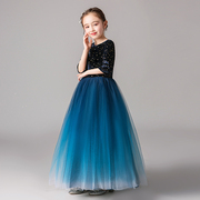 蓝色公主裙女童蓬蓬纱生日，长袖走秀小花童，婚礼儿童钢琴演出服礼服