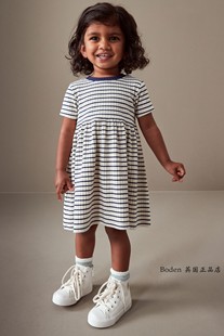  NEXT女童连衣裙 2024夏季黑白色螺纹平织短袖儿童裙 3月-7岁