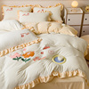 花边刺绣牛奶绒四件套加厚法莱珊瑚绒冬季床单被罩小清新床品套件