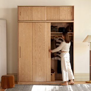 百伦沙实木现代衣柜卧室家用橡木推拉门衣橱挂式白蜡木收纳落地柜
