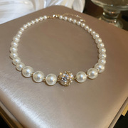 法式复古短款项链女珍珠镶钻小圆球磁铁，锁骨链名媛风气质个性颈链