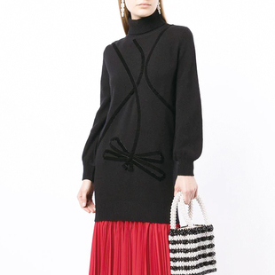 设计师买手店几何线条黑色高领长版毛衣时尚针织连衣裙