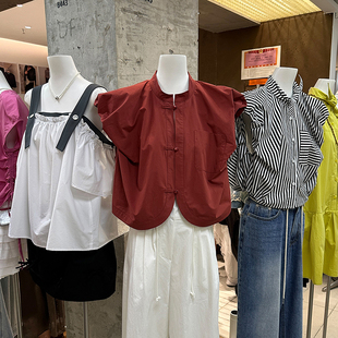 十三行女装2024夏款韩版简约风飞飞袖衬衣纯色设计感短款上衣女