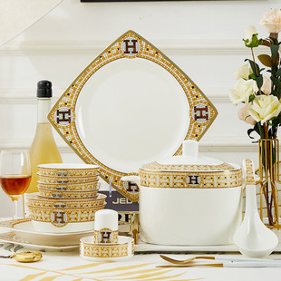 方形骨瓷餐具北欧高档奢华送礼套碗盘组合欧式陶瓷器碗碟套装家用