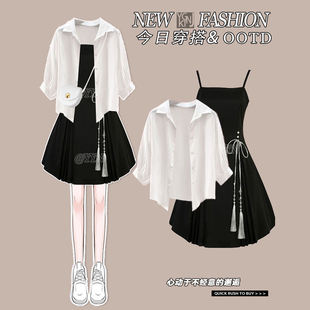 中式复古黑色吊带连衣裙女春季2024设计感小个子短款半袖衬衫
